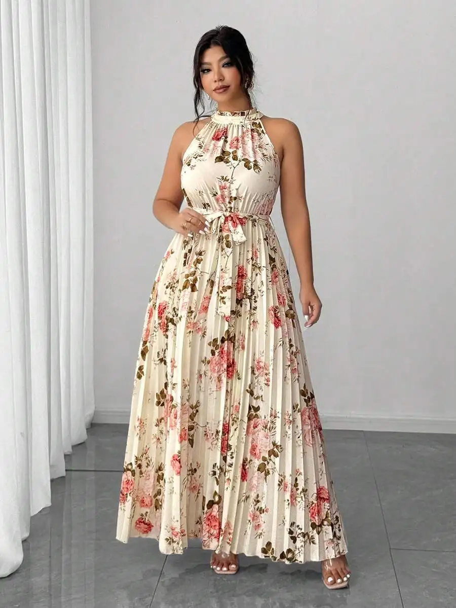 

Plus Size Floral Halter Neck Pleated Maxi Dress with Waist Tie