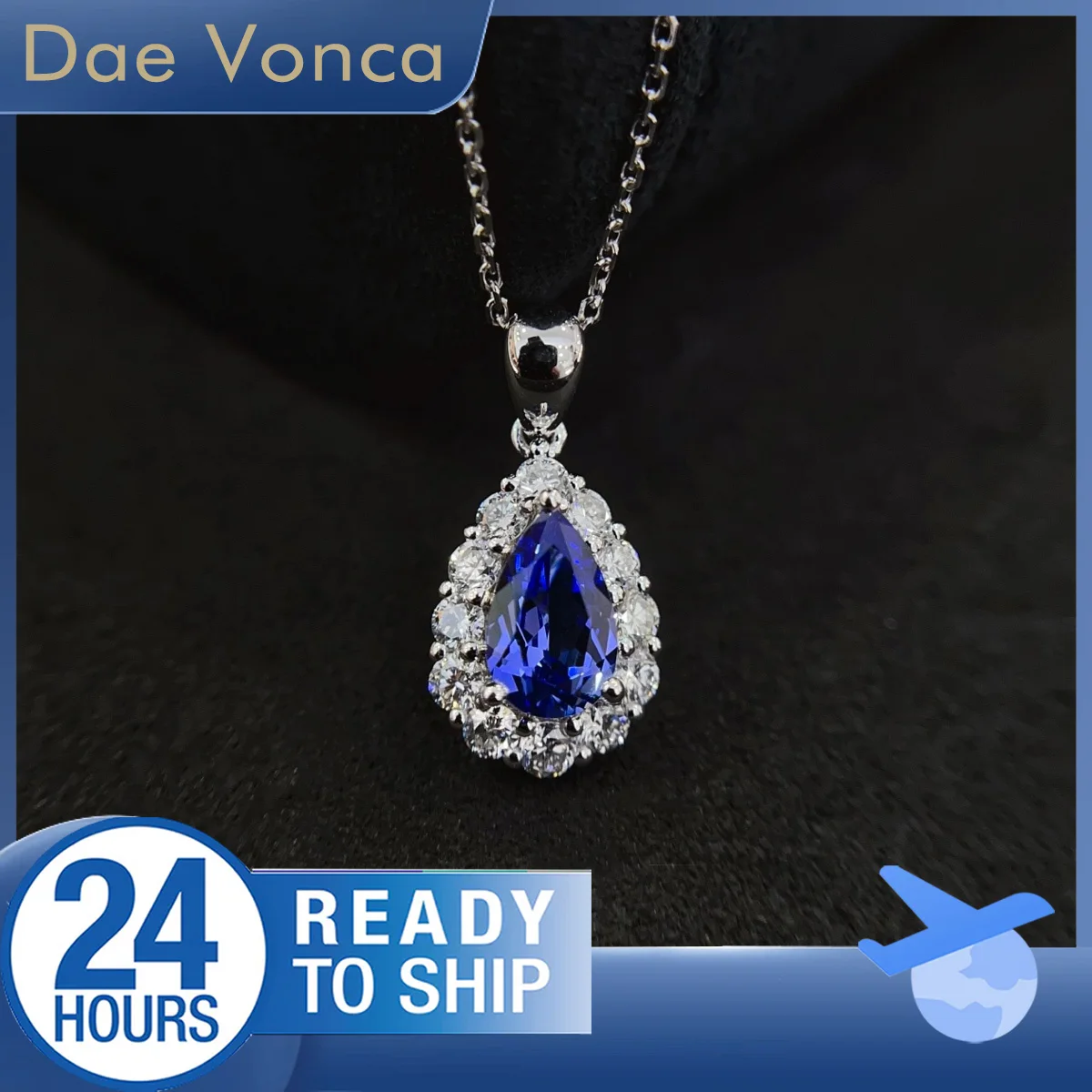 

Center Stone Pear Cut Lab Grown Sapphire Necklace PT950 Accented by Round Lab Diamond Halo Pendant Necklace Fine Gift for Wife