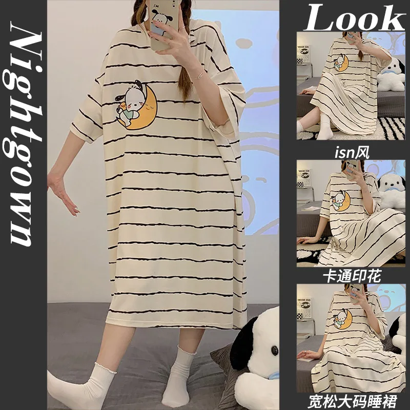 Kawaii Sanrios Women Nightgown Hello Kitty Kuromi My Meloody Cinnamoroll Girls Loose Soft Summer Short-sleeved Pajamas Homewear