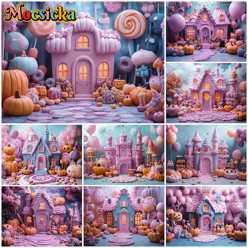 

Mocsicka Halloween Photography Background House Candy Balloons Castle Decorations Holiday Festival Autumn Pumpkin Party Backdrop