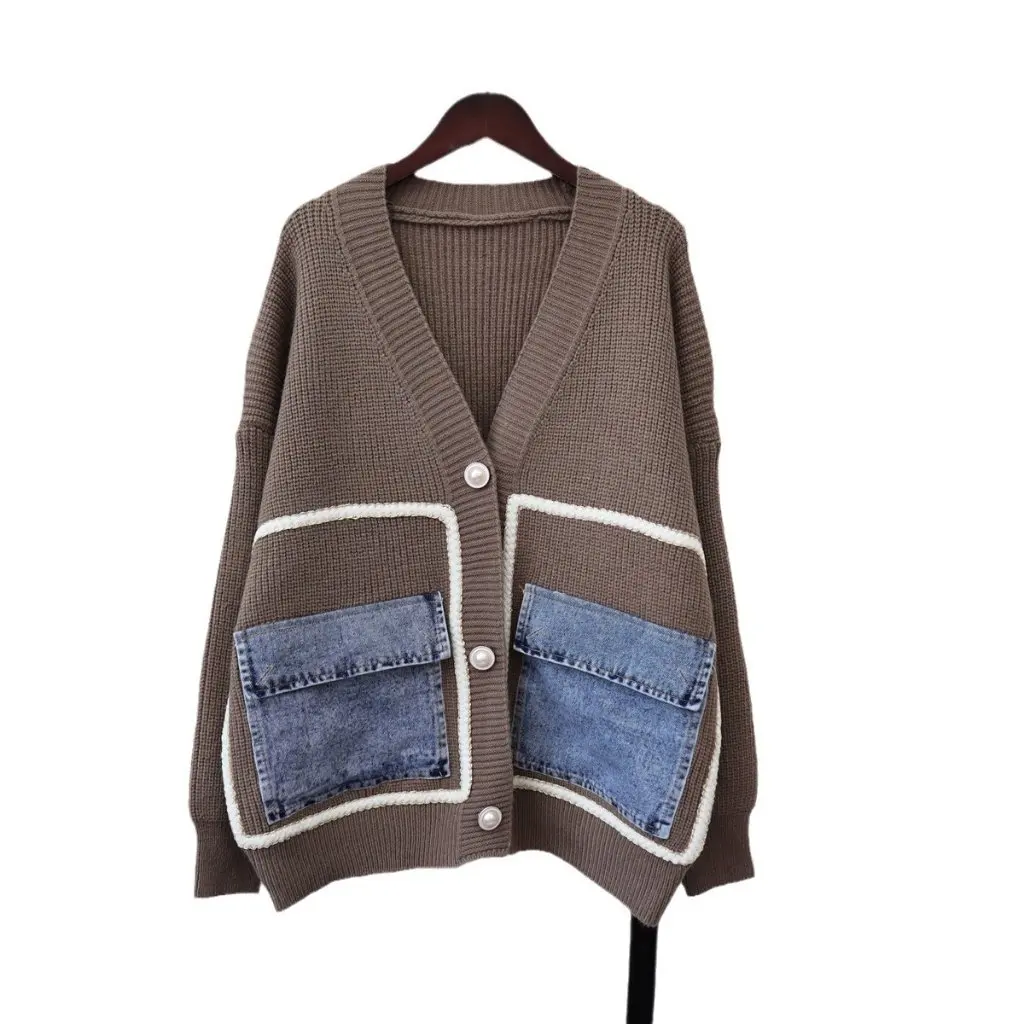 

Women's Korean Style Knitted Cardigan Sweater Jacket Autumn Winter Denim Flap Pocket Pants Loose Elegant Versatile Design