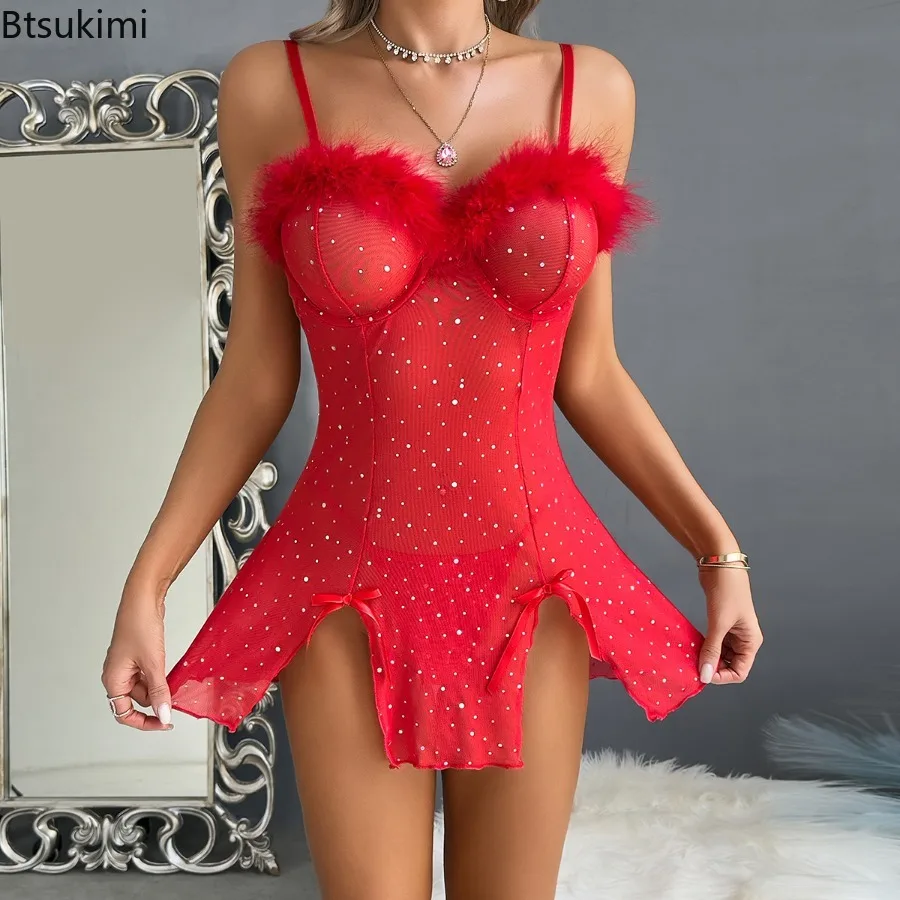 

2025 Woman's Sexy Split Night Dress Set Sexy Lingerie Black Hot Diamond Feather Stitching Perspective Mesh Nightwear for Women