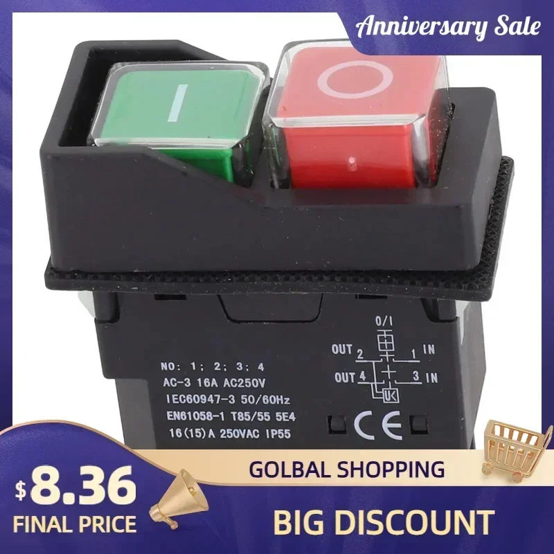 

1pc Waterproof Push Button Electromagnetic Switch 4 Pin AC250V 16A Starter For Garden Machinery Power Tools Accessories