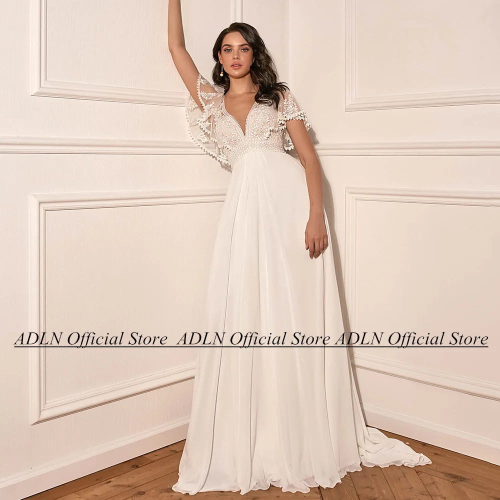 

Summer Chiffon Wedding Dress Sexy V Neck Batwing Sleeves Applique Top A Line Sweep Train Back Zipper Buttoms Bridal Gown