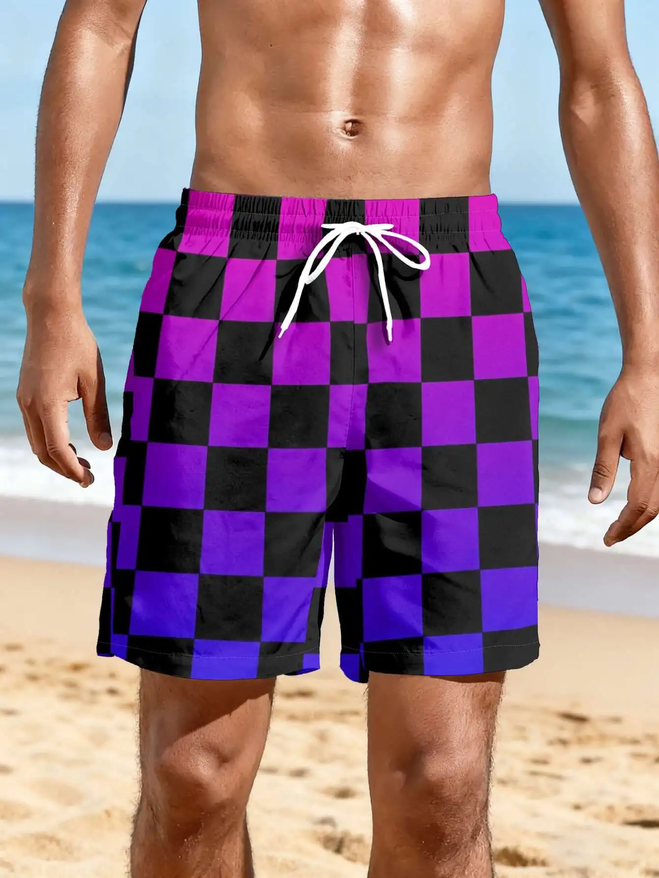 

Purple Square New Summer Men's Shorts Fashionable Couple 3D Printed Swim Trunks Quick Drying Beach Shorts Casual Street Style