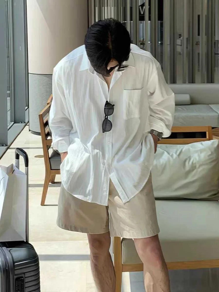 

Летняя тонкая рубашка из льна и шелка для мужчин, свободного кроя, с длинным рукавом, с защитой от солнца, из хлопка и льна, белая, в стиле кэжуал