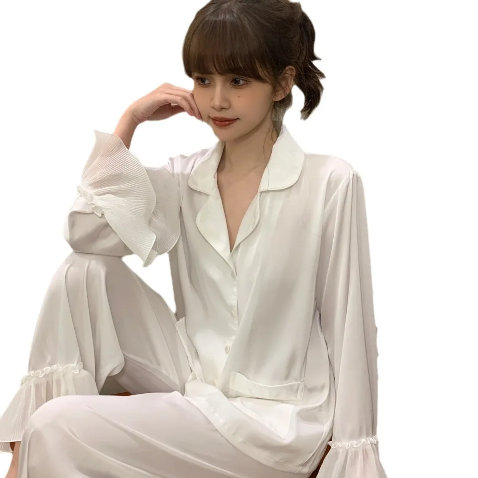 Spring Women Pajamas Set Elastic Waist Trouser Sleepwear Home Clothes Long Sleeve Pijamas Suit Rayon Satin Nightwear Loungewear