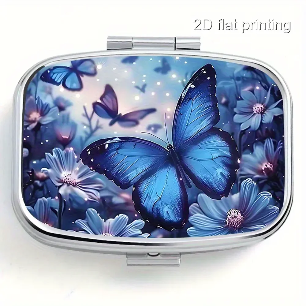 

1PC Blue Butterfly Square Pill Box, 2-Compartment, Portable Sealed Mini Case, Ideal Gift for Christmas/Halloween/Birthday