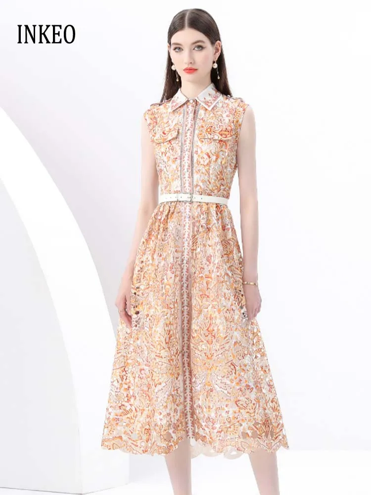 

Luxury Cutwork lace dress shirt with belt Women 2025 Summer Beach Print Sleeveless Midi dresses Slim Elegant INKEO 5D061