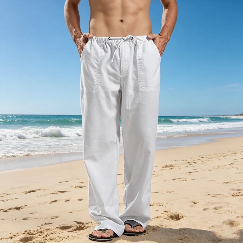 2025 Men's Stand Pocket Casual Linen Pants Solid White Gray Trouser Plus Size 3xl Mens Elegant Fashion Sweatpants Men Streetwear