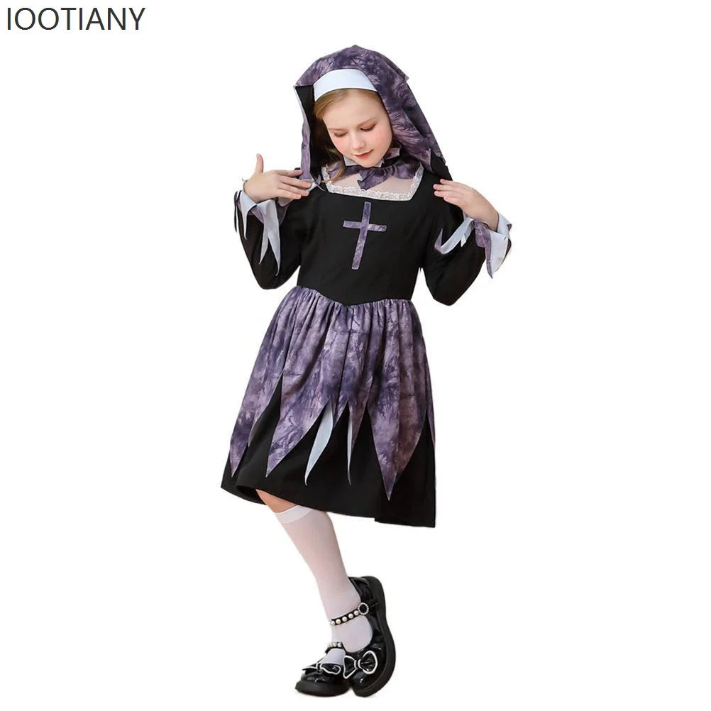 2025 أزياء الهالوين للأطفال البالغين أزياء حلوة لطيفة على شكل راهبة كرنفال للفتيات الكاهن الصليب ماريا فستان الأخت الوالدين والطفل #5