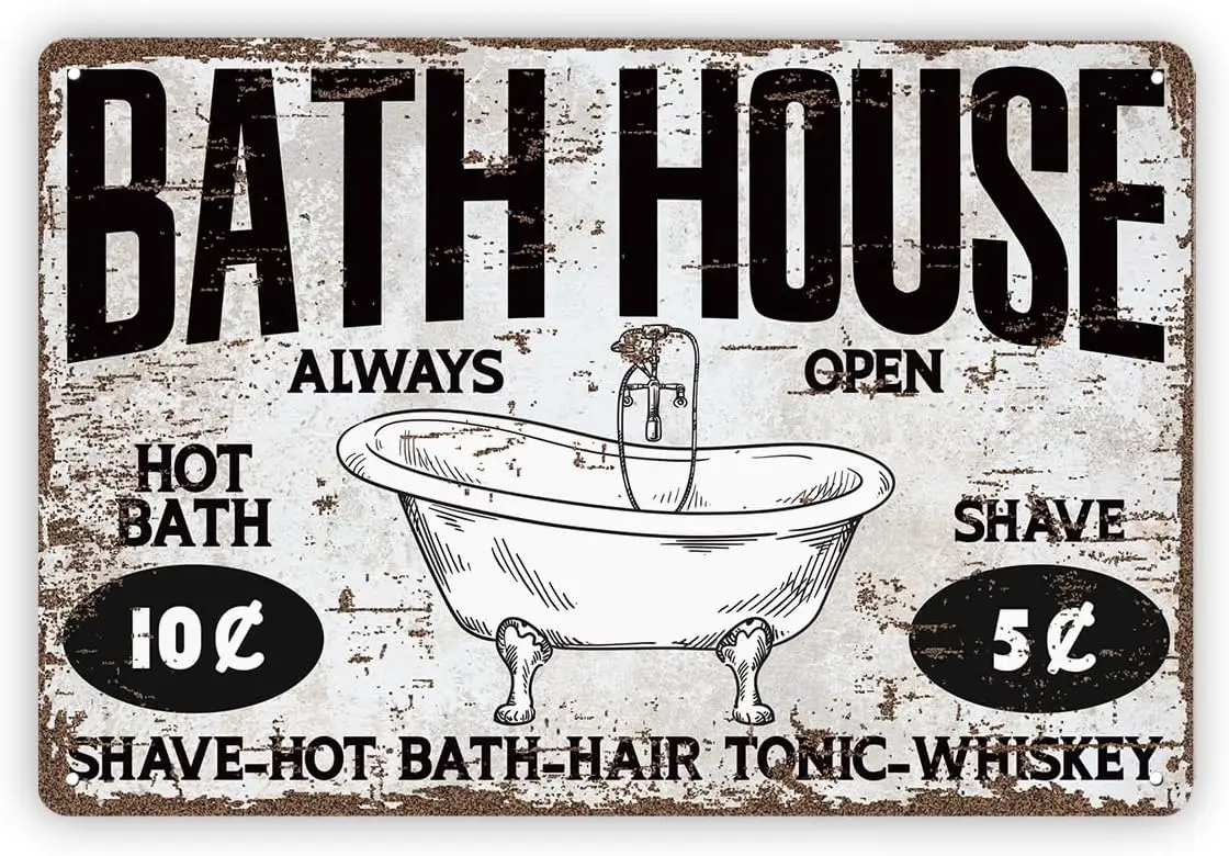 Vintage Metal Tin Signs, Bath House Sign, Bathroom Decor, Country Rustic Bathroom Decor Gift Sign, Farmhouse Wall Decoration, In