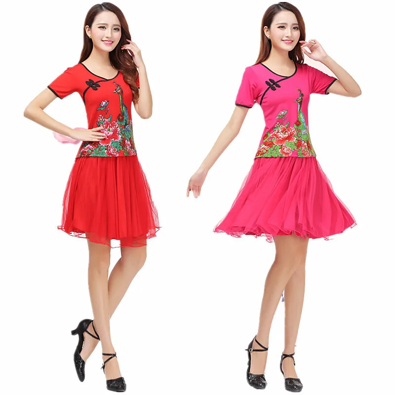 New Peacock Square Dance Short Sleeve Set For Spring And Summer Middle Aged And Elderly Dancing Clothes Red Dress