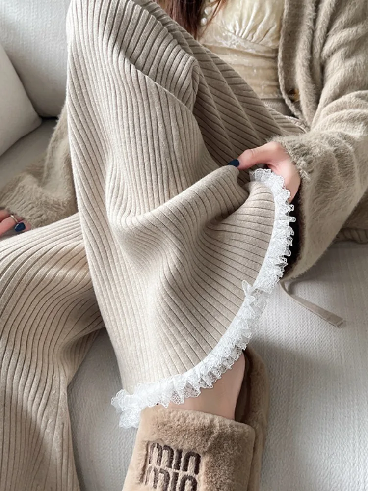 Pantaloni da pendolare in maglia morbida pigra da donna autunno inverno nuovi pantaloni a gamba larga in pizzo con giunture drappeggiate a vita alta