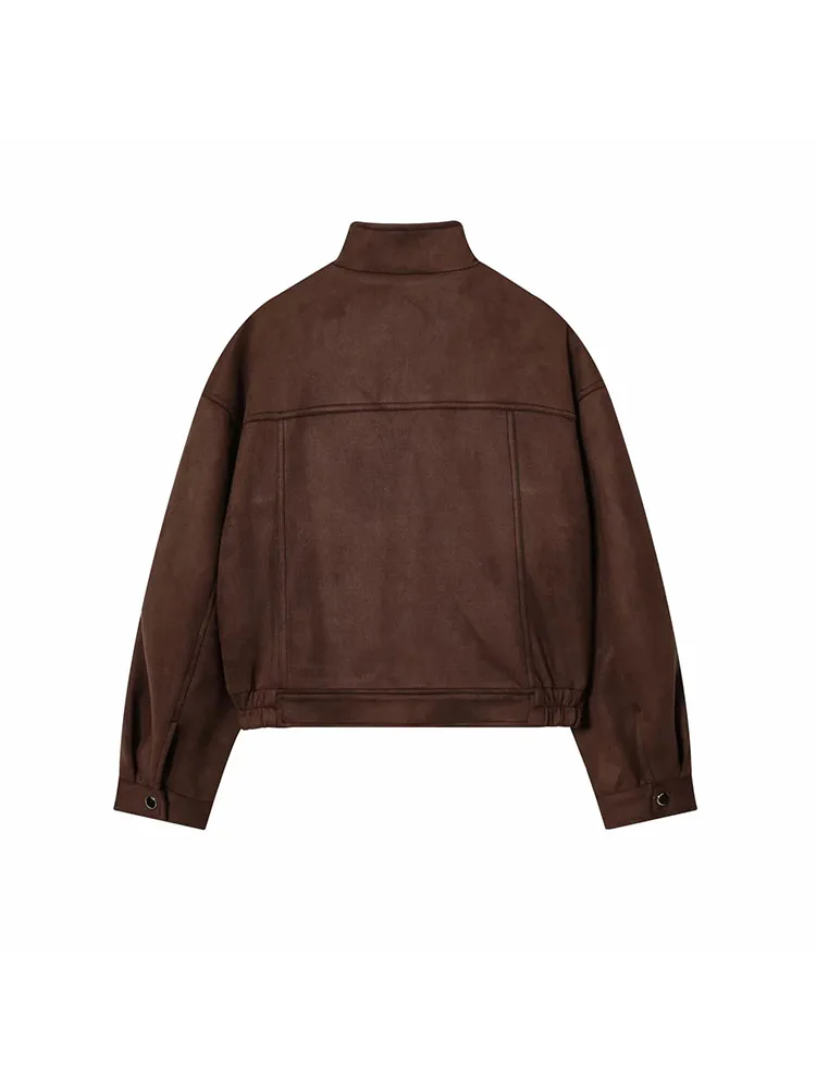 سترات نسائية كلاسيكية لخريف 2025 بجيوب كبيرة من جلد الغزال وياقة واقفة وأكمام طويلة معاطف نسائية كبيرة الحجم ملابس خروج للسيدات #2