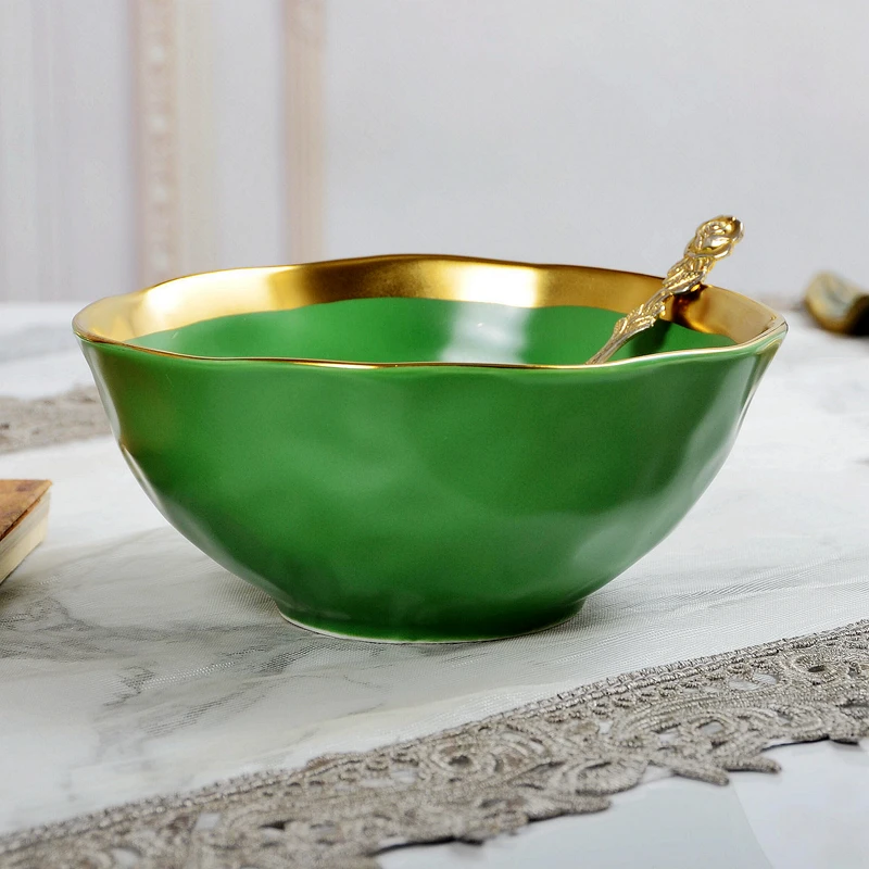 European style gilded ceramic green glazed food bowl, colored glazed fruit salad bowl, European style breakfast bowl, 6-inch bow