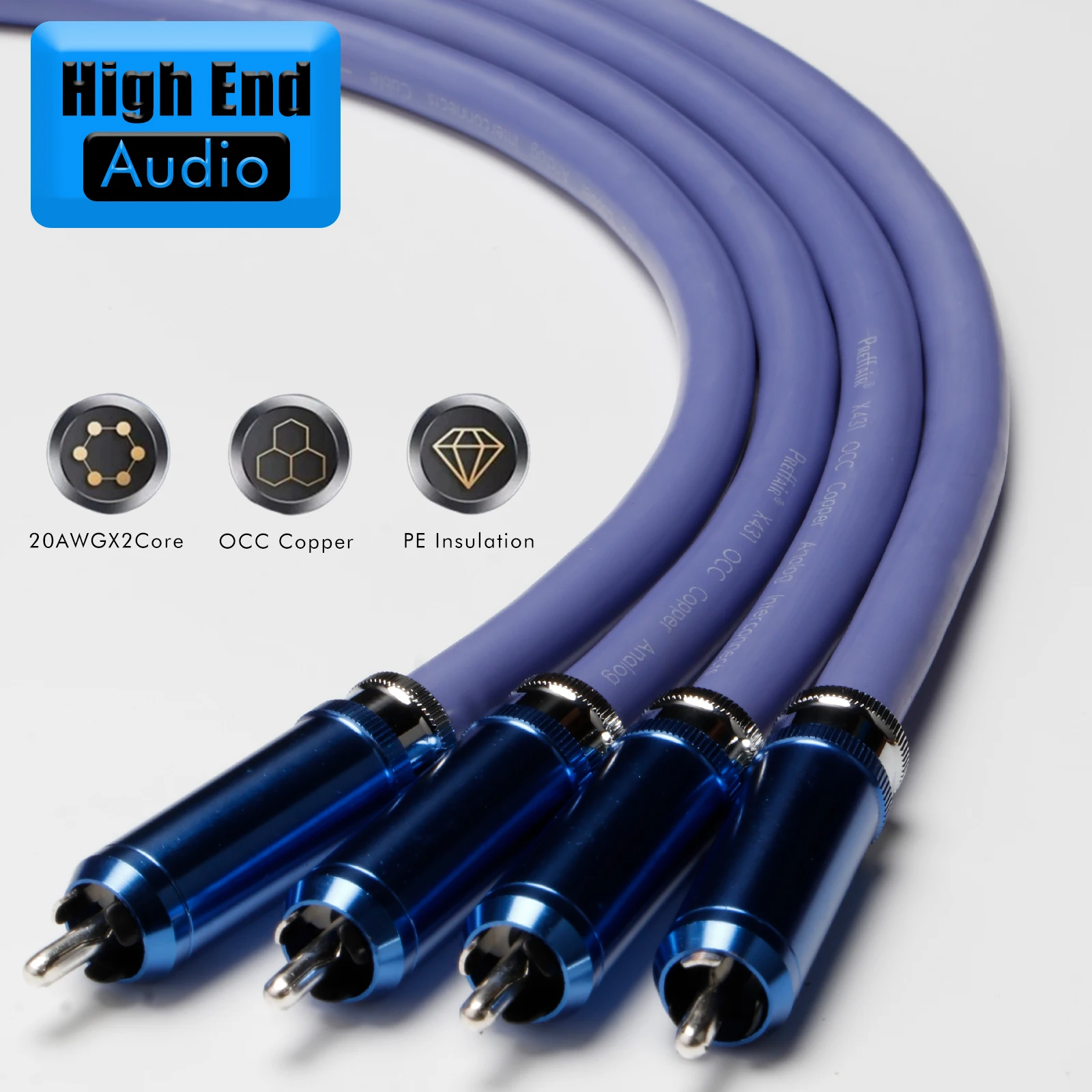 Preffair 6N OCC HiFi audio cable with Blue 24K Gold/Rhodium plated self-locking Plug cable HIFI 2RCA to 2RCA cable