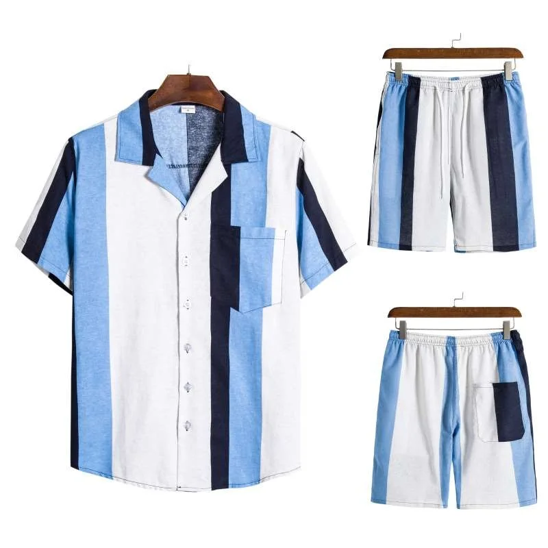 

New Men's Cotton Linen Striped irt orts Beach Summer Faion Casual Comfortable Breathable Clothing Set