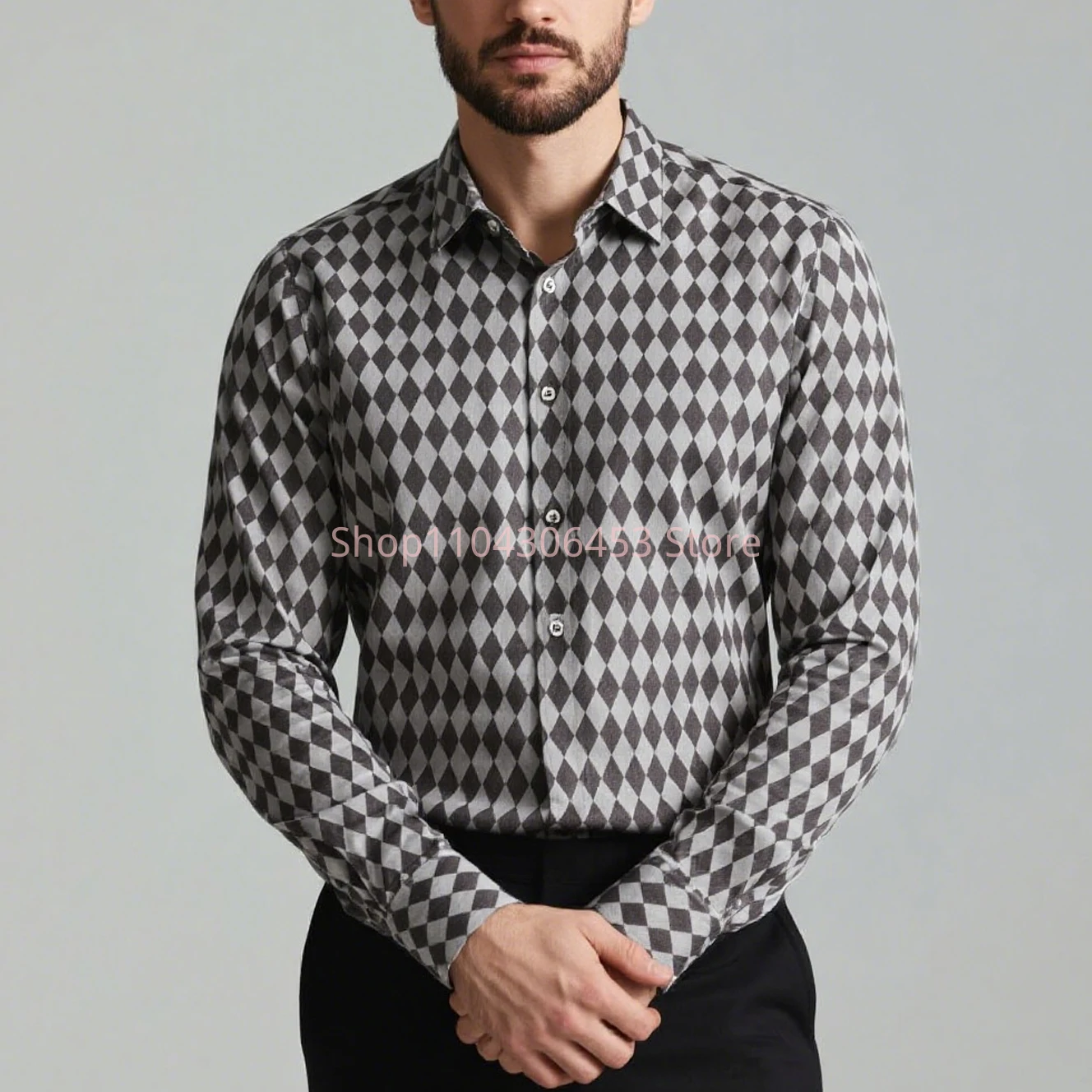 2025 New Men's Geometric Plaid Graphics 3D Printing Shirt Hawaiian Casual Casual Long Sleeve Lapel Shirt Business Simple Casual