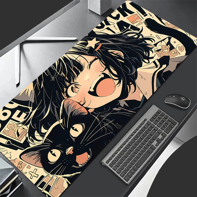 Black cat Mouse pad large gamer keyboard pad non-slip laptop desk pad computer accessories Game PC carpet Anime girl Mousepad XL