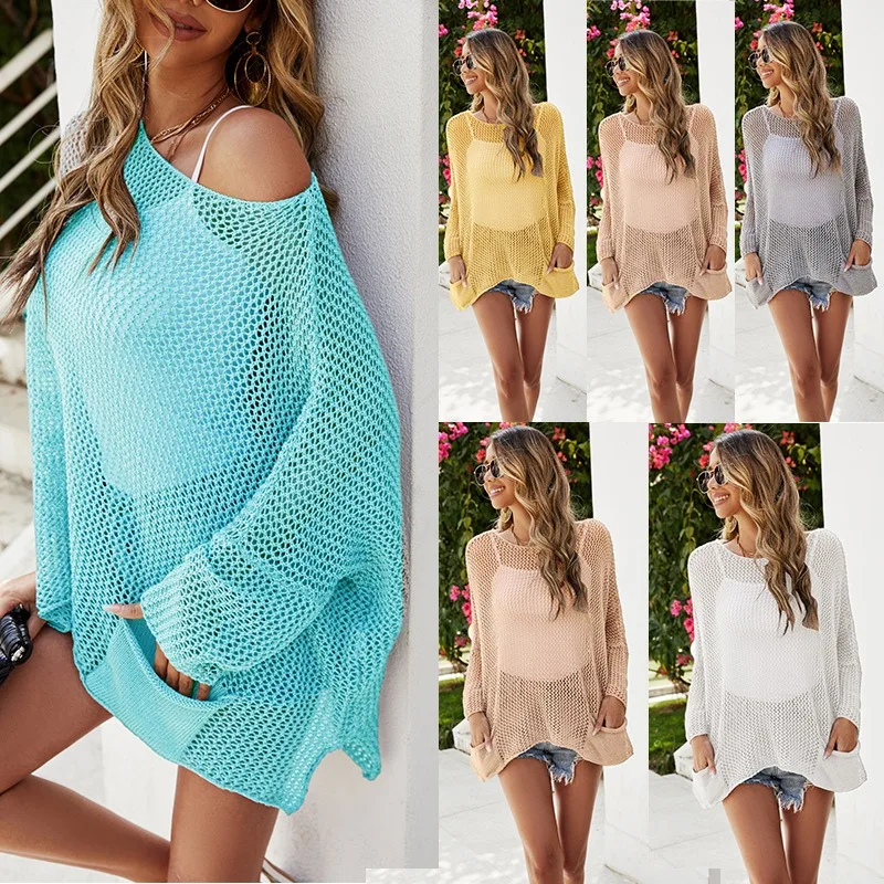 

European and American Fashion New Beachwear Knitted Hollow Long Sleeved Bikini Outer Cover Shirt Female Clothing