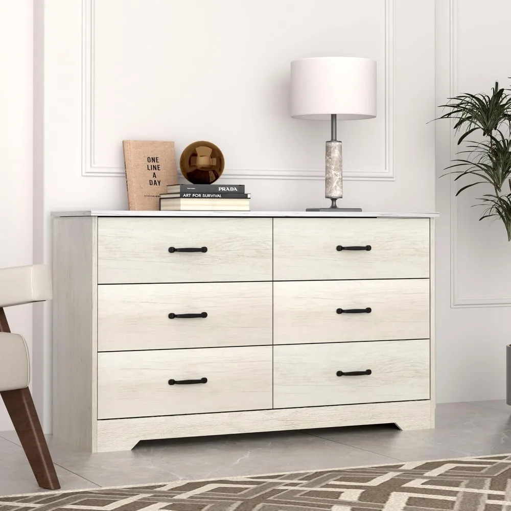 خزانة غرفة نوم مزدوجة ذات 6 أدراج بيضاء مغسولة مع مساحة تخزين وحامل تلفزيون #6