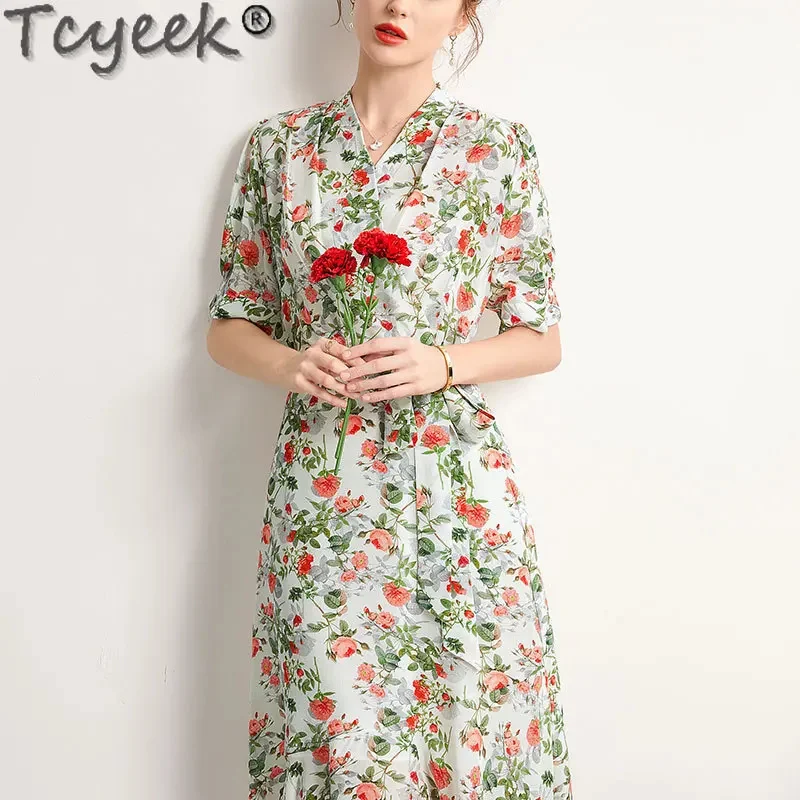 

100% Tcyeek Mulberry Silk French Elegant Women's es 2024 Summer for Women Clothes V-neck Print Dress Lace-up