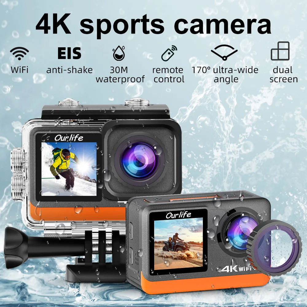 4K 60FPS Action Camera Anti-shake Dual Screen 170° Wide Angle 30M Waterproof 4X Zoom WiFi Sport Camera With Remote Control