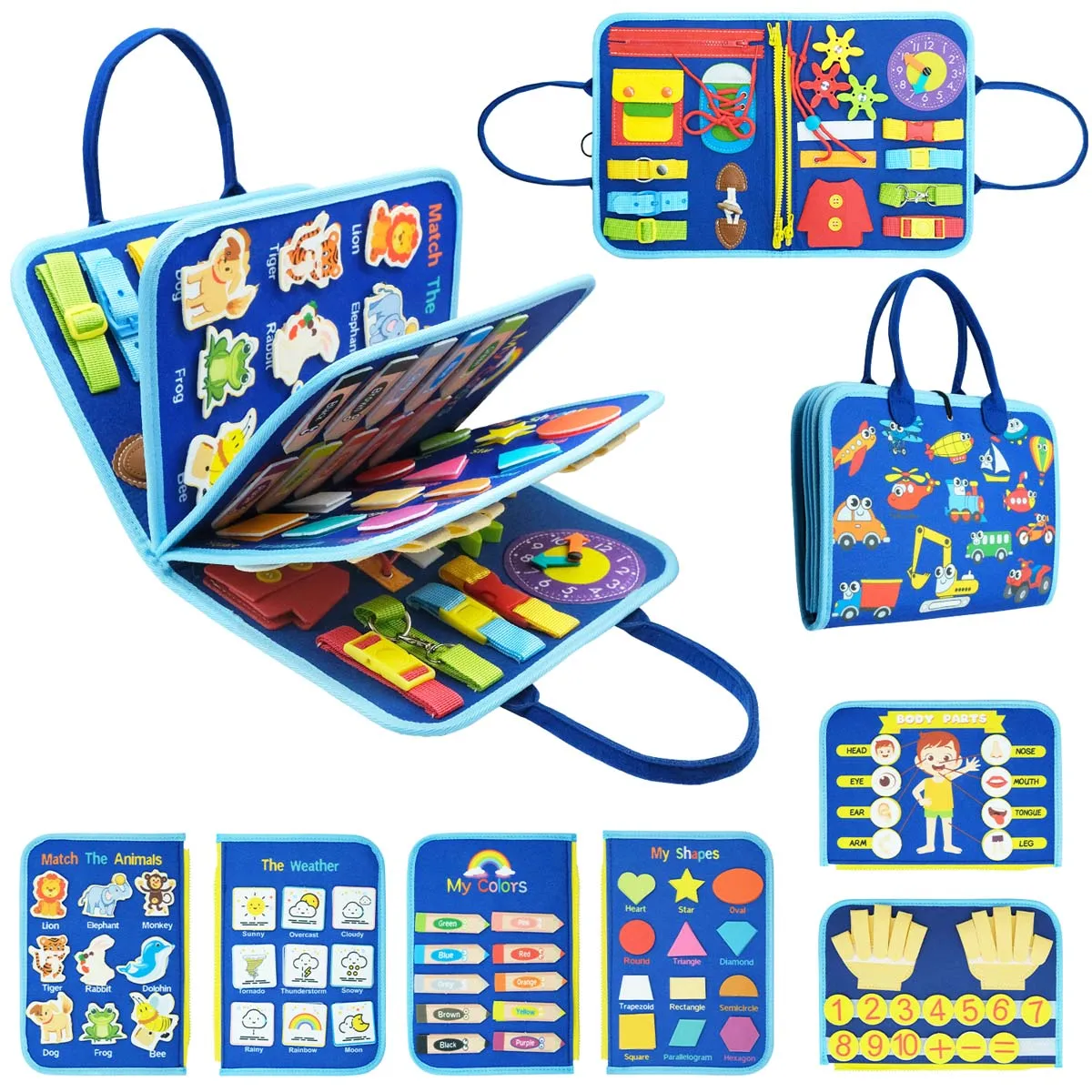 Toddlers Travel Busy Board for Boys Girls Montessori Toys for 2+ Year Old Preschool Learning Life Skill, Alphabet, Number, Shape