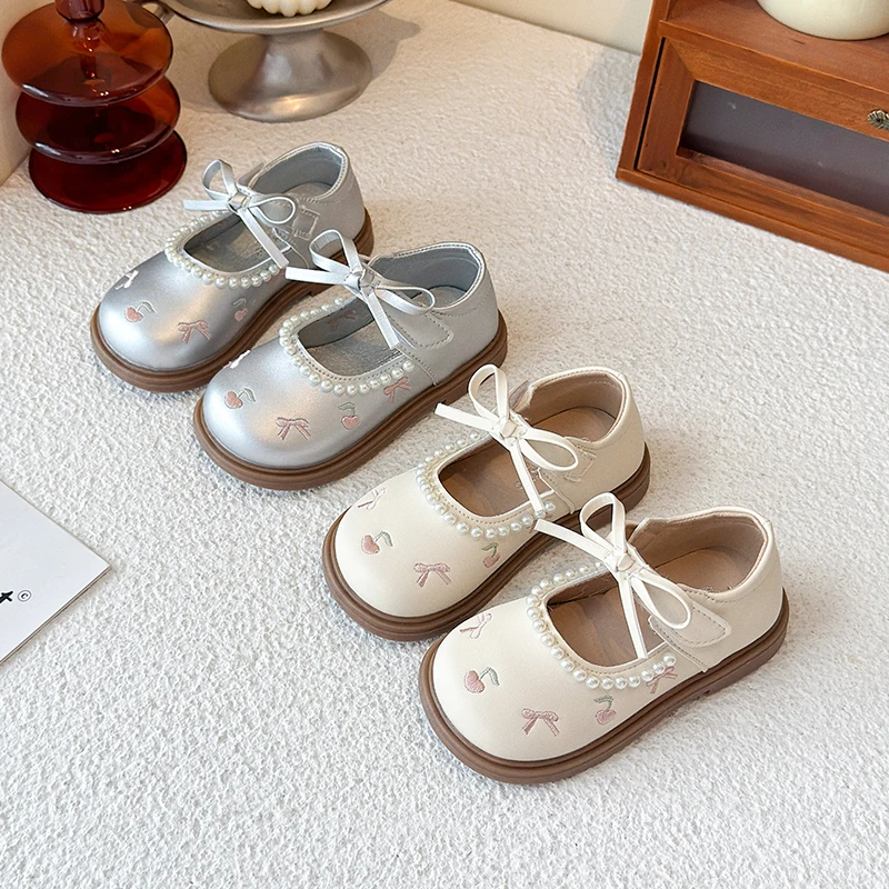 

Spring Girl's Princess Shoes Bowknot Cherry Pearl Cute Kid's Flat Shoe Solid Colors Anti-slip Fashion Daily Children Shoes 4-6Y