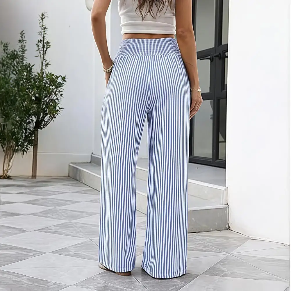 Breathable Summer Pants Women’s Striped Wide Leg Pants Summer Trousers with Elastic Waist Breathable Loose Fit Palazzo Pants