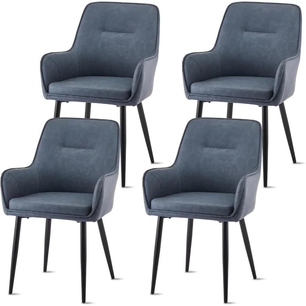 

Dining Chairs Set of 4 Blue Faux Leather Leisure Living Room Chairs with Arms Backrest and Metal Legs Upholstered Lounge Armchai
