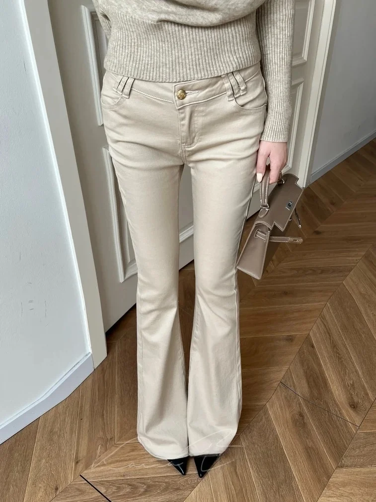 

Женские джинсы с низкой талией, металлическими пуговицами, облегающие, модные, расклешенные, весенние, высокоэластичные, дышащие