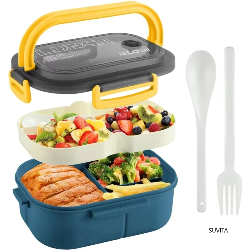 Tragbare, versiegelte Lunchbox, 2-lagiges Netzgewebe, auslaufsichere Bento-Snackbox für Kinder mit Besteck, mikrowellengeeigneter Aufbewahrungsbehälter für Lebensmittel