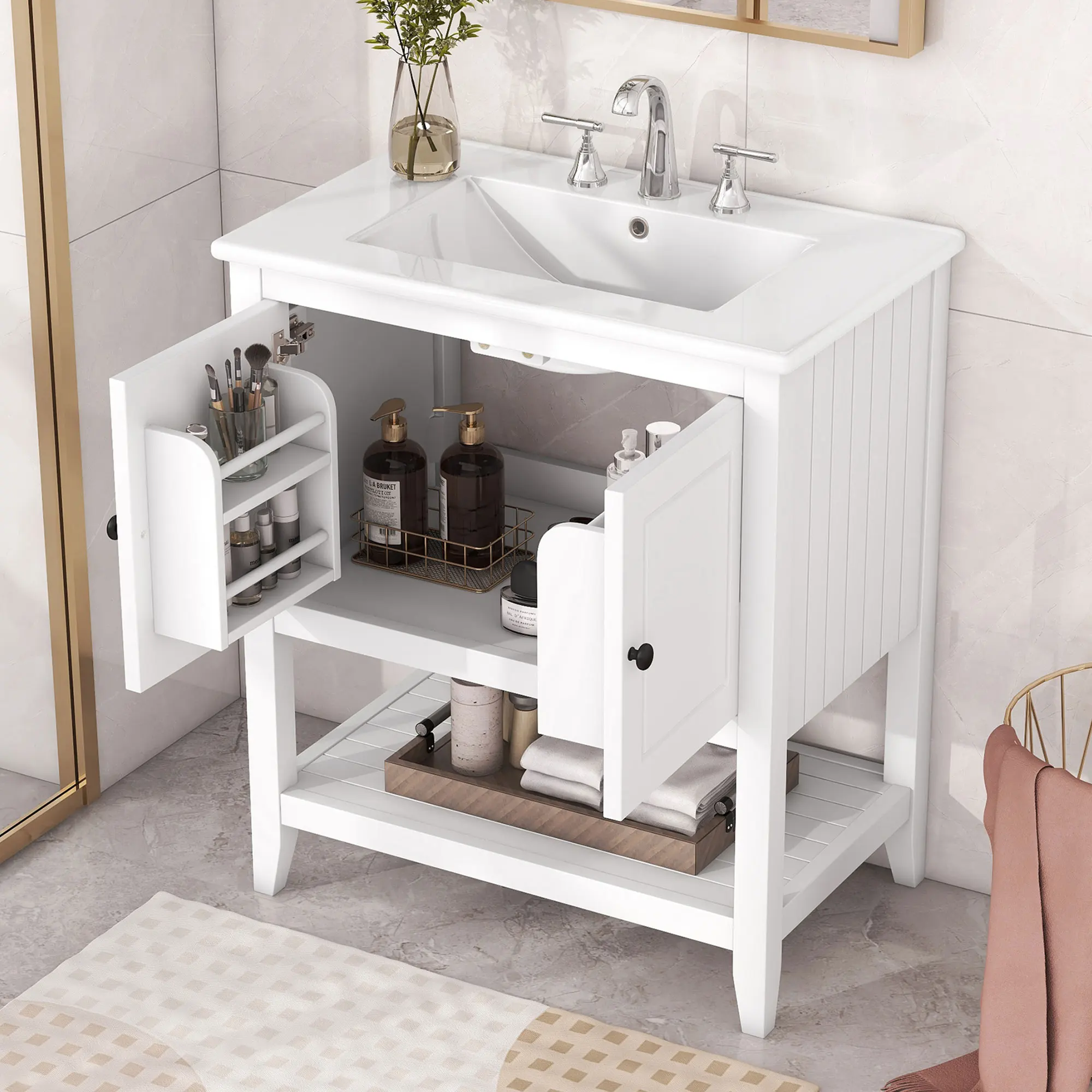 

Cabinet in Solid Wood Frame, One Package,with Door and Two Drawers White Bathroom Vanity with Sink Top Customizable