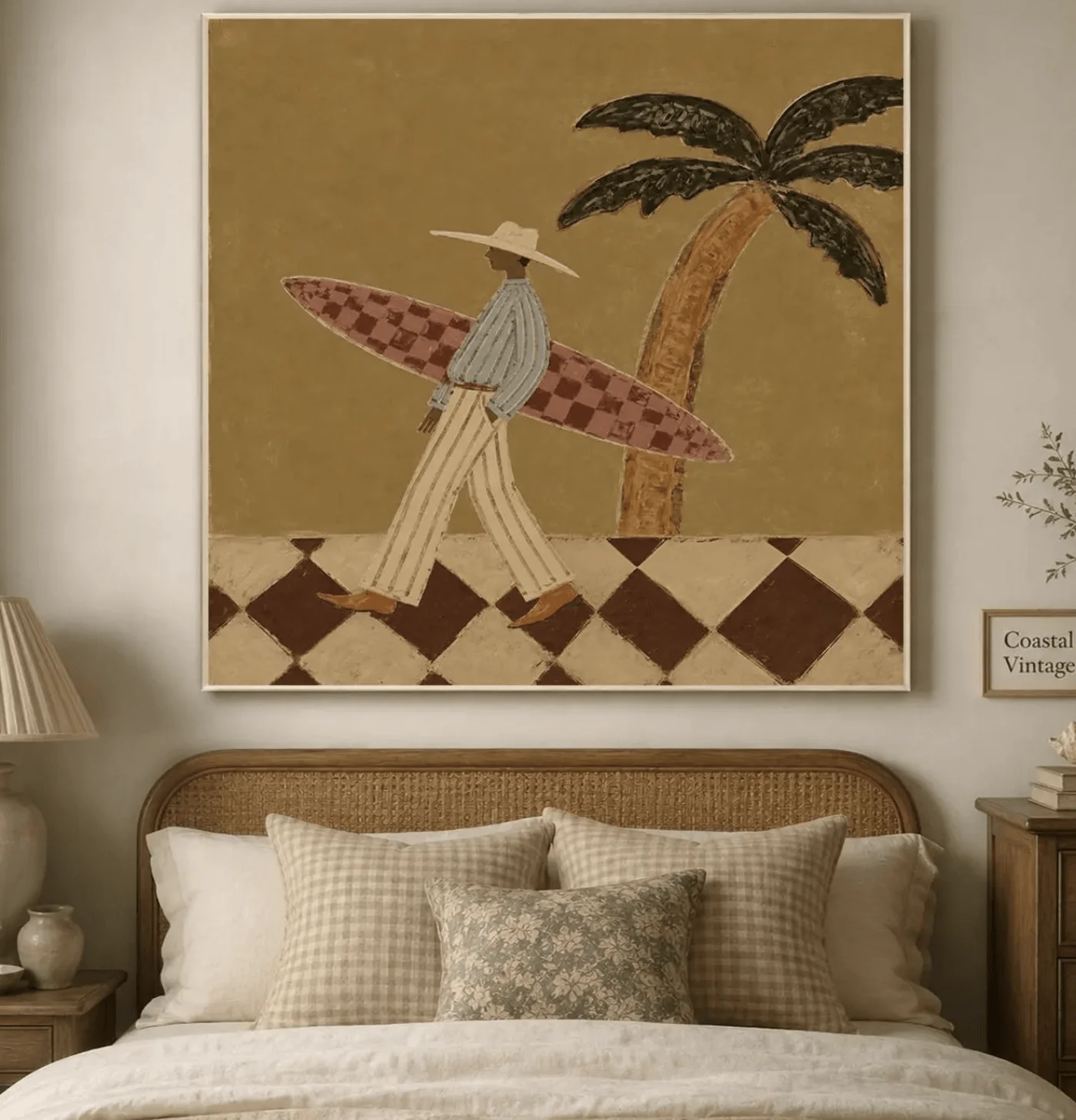 Vintage neutrale Surfer-Palmen-Wandkunst-Leinwanddrucke, Bohemian-Strandposter für Schlafzimmer, Wohnzimmer, Küsteneingangsbereich – Detail 4