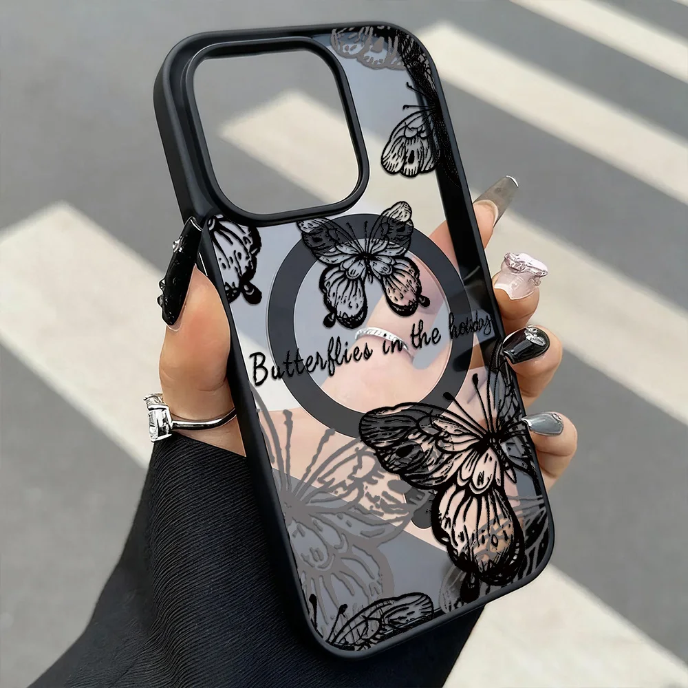 Funda magnética transparente Magsafe para iPhone 17 Pro Max 13 16 14 11 12 15 Pro Max flor mariposa cubierta de carga inalámbrica