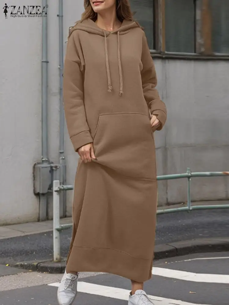 ZANZEA Autumn Long Sleeve Long Pullovers Women Solid Drawstring Casual Loose Hoodies Dress Streetwear Side Slit Sweatshrit Dress