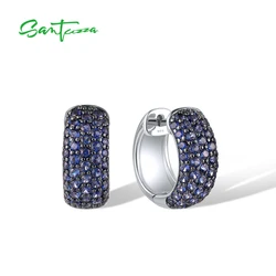 SANTUZZA Pure 925 Sterling Silver Loop Earrings For Women Sparkling Created Blue Sapphire Dazzling Wedding Gifts Fine Jewelry