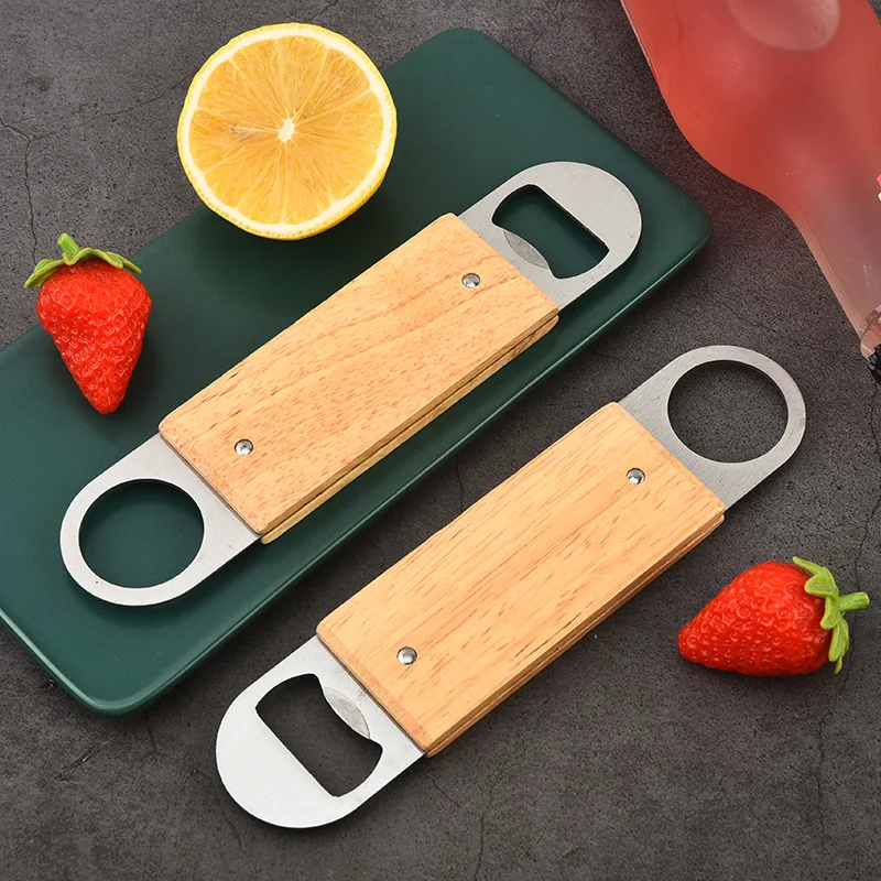 100Pcs/Lot Stainless steel Flat Beer Bottle Opener with Wooden Handle Corkscrew Steel Openers Bar Kitchen Accessories Party Gift