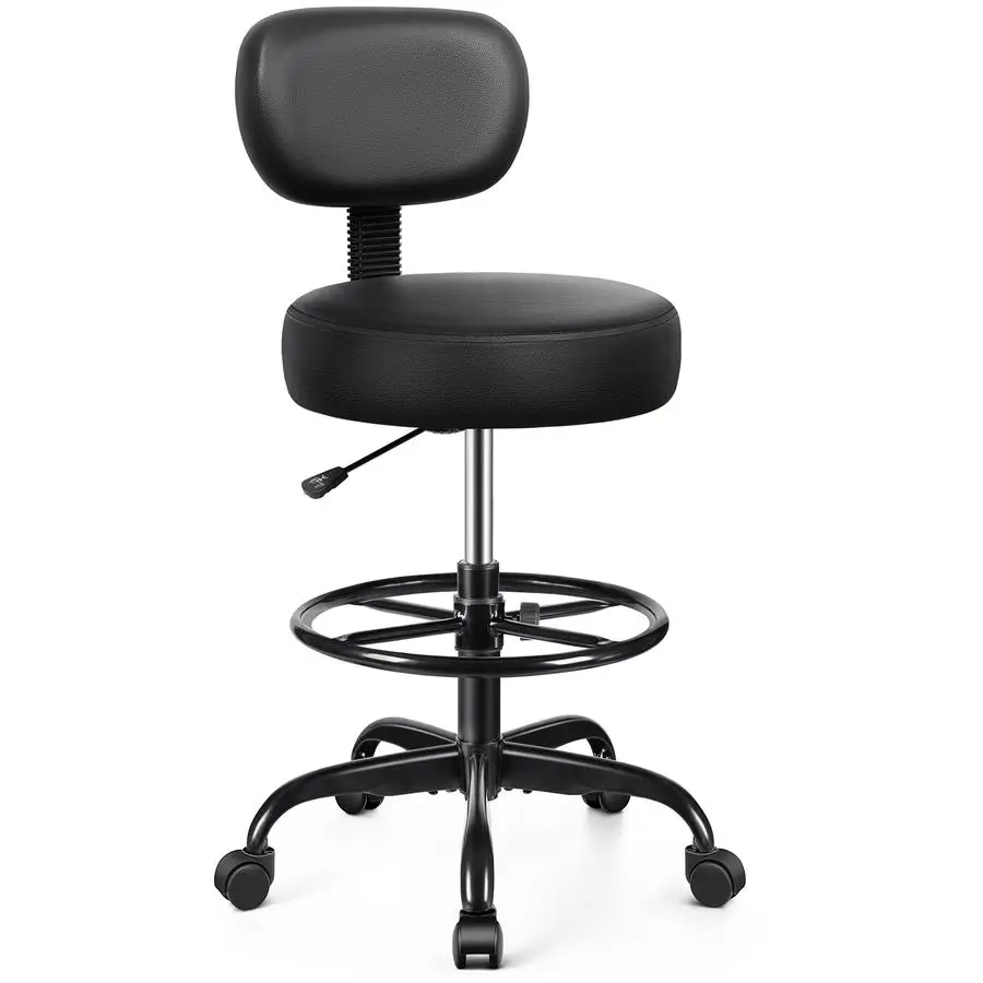 

Drafting Chair with Backrest u2013 Adjustable Foot Rest Rolling Stool with Wheels, PU Leather Swivel Stool for Office Spa Studi