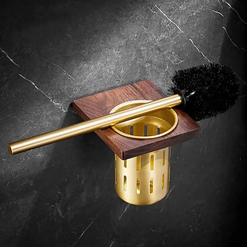 

Walnut Wood Bathroom Toilet Brush Set Wall-mounted Brushed Gold Toilet Brush Holder Cleaning Brush Holder Set Cleaning Tool