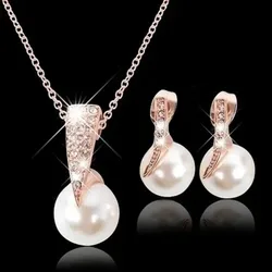 Delysia King 3pcs Women Trendy Pearl Earrings Necklace Jewelry Set Superior Quality Rhinestones Bride Party Earring