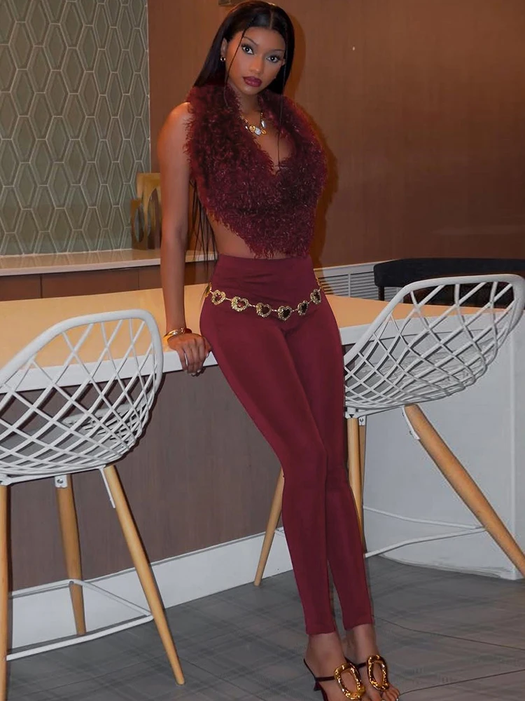 

Weird Puss сексуальный комплект из 2 предметов, женский спортивный костюм, хипстерский пушистый топ с открытой спиной и лямкой на шее + леггинсы, одинаковые уличные модные наряды