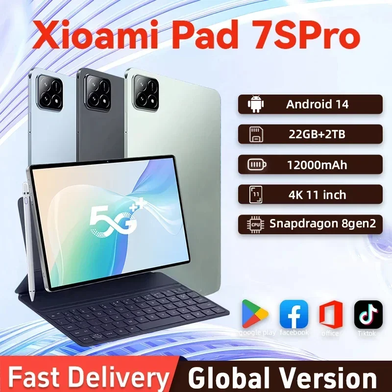 Tablet PC Pad 7S Pro, Tablet Snapdragon 8gen2 Android 14 HD 4K 22GB + 2TB 5G dengan SIM ganda WIFI
