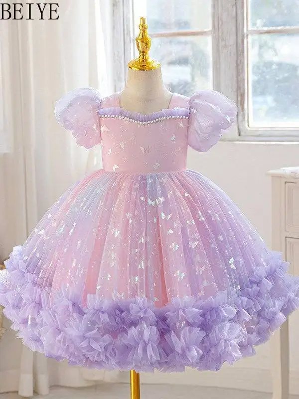 

Girls Pink Purple Butterfly Tulle Ball Gown Puff Sleeve Princess Dress for Kids Birthday Party Wedding Flower Girl Dresses