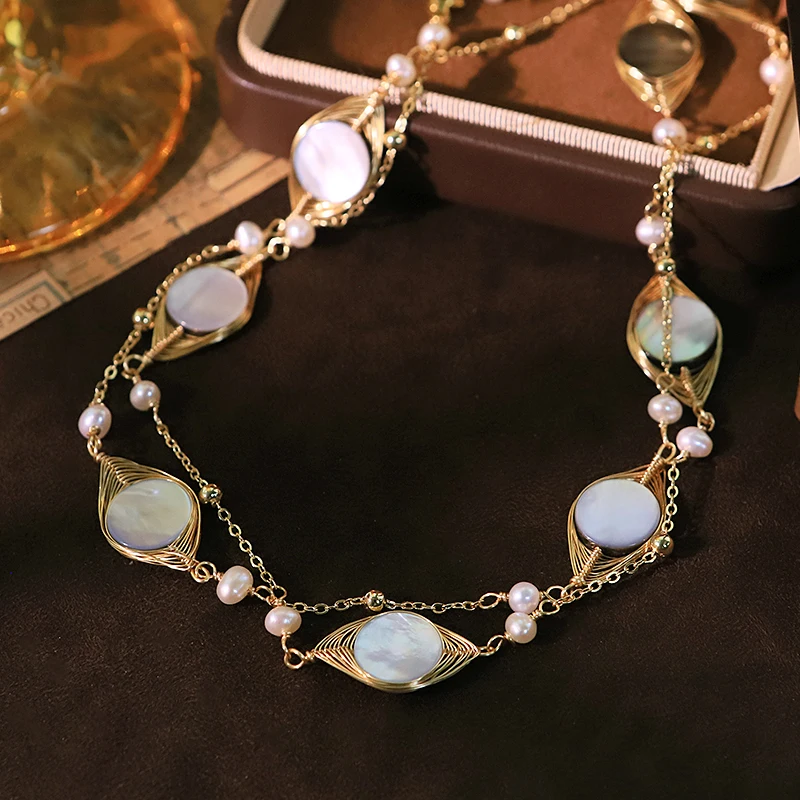 

Natural Freshwater Pearl Shell Copper Bead Sweater Chain Handmade Design High-Quality Necklace Gift for Women Jewelry GN0820