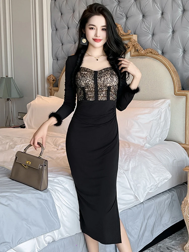 

New Black Formal Occasion Dresses Elegant Pretty Women's Clothes Ladies Square Collar Skinny Elastic Long Dress Mujer Robe Femme