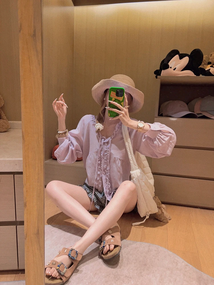 

Yukiss Summer Lightweight Cotton Material irt Top with Wooden Design Loose Fit Long Sve V-Ne Button Closure