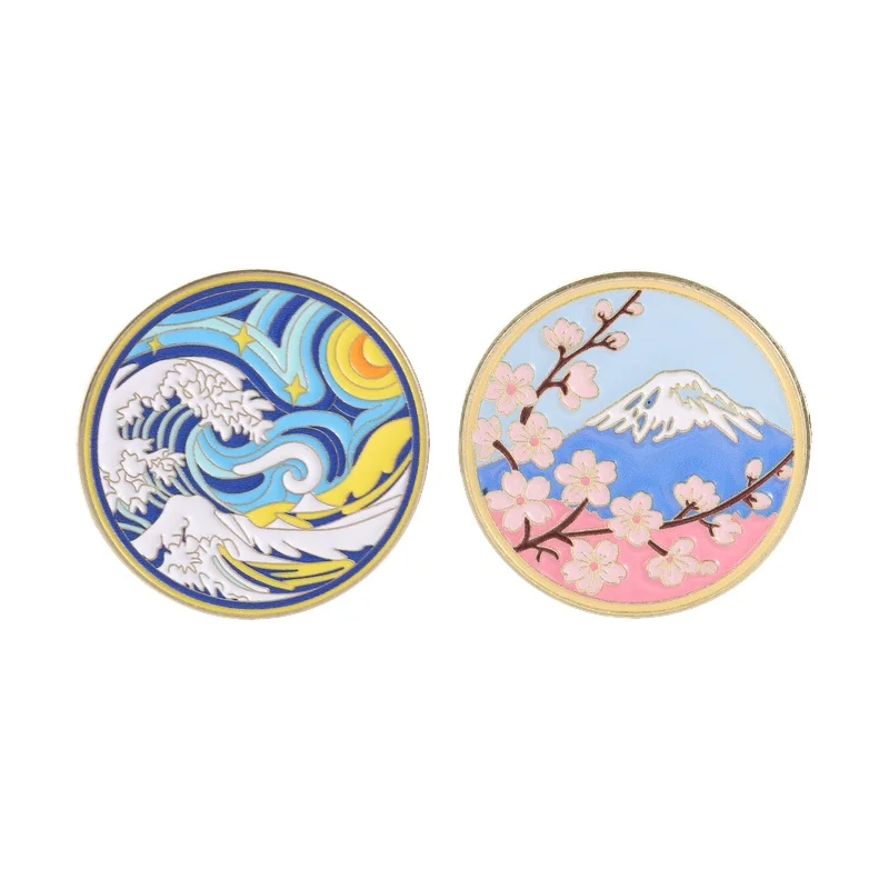 Starry Night Great Wave Fuji Sakura Art Badge Enamel Pins Classic Ukiyo-e Style Brooch Bags Lapel Badge Jewelry Gift for Friends